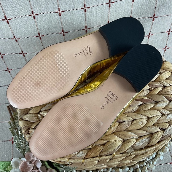 SCHUTZ “Flor” Metallic Gold Leather Crocodile Embossed Loafer Flats Size 6 New - Picture 5 of 8